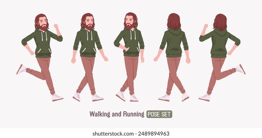 Largo barbudo hombre apuesto corriendo, caminar pose conjunto en lindo traje casual con capucha, zapatillas blancas, jeans para salir de fin de semana, reuniones informales, cómodo día estilo relajado. Ilustración vectorial