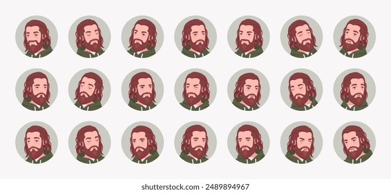 Langhaariger bärtiger gut aussehender Mann, niedlicher männlicher Avatar-Business-Portrait-Set, verschiedene Gefühle Paket, Emotionen Gesicht Icons, Spielercharakter Stimmung Pic Circles, Mann Gesichtsausdruck. Vektorillustration