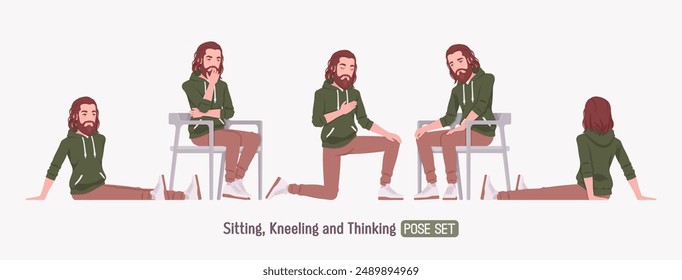 Pelo largo barbudo hermoso hombre silla, piso, rodilla sentado pose set, lindo sudadera con capucha casual outfit, zapatillas, jeans para el fin de semana de salida, reuniones informales, día cómodo estilo relajado. Ilustración vectorial