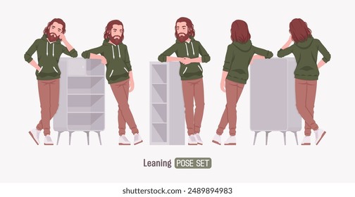 Pelo largo barbudo apuesto hombre de pie delgado pose conjunto en lindo traje casual con capucha, zapatillas blancas, jeans para salir de fin de semana, reuniones informales, cómodo día estilo relajado. Ilustración vectorial