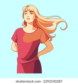 The Long haired blonde girl stands beautifully and laughs. Graceful pose. Beautiful female figure. Beautiful woman in red dress.Colorful vector illustration
