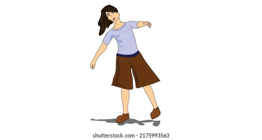 long haired boy with a slipping pose wearing a purple shirt and brown pants new
