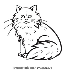 long haired cat. outline, comic, illustration, monochrome.