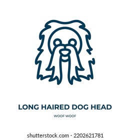 Long haired dog head icon. Linear vector illustration from woof woof collection. Outline long haired dog head icon vector. Thin line symbol for use on web and mobile apps, logo, print media.