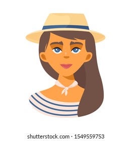 Long haired fashion girl wearing straw hat vector illustration