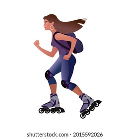 Long haired Girl with a backpack is rollerblading. Isolated Vector illustration for mockup or flat design advertising banner.