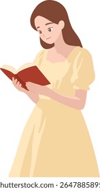 Long haired girl in dress reading a book illustration isolated transparent background editable vector