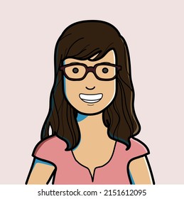 Long haired girl with glasses and pink blouse, smiling.