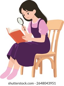 Long haired girl holding magnifying glass to read book sit on wooden chair illustration isolated transparent background editable vector