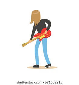 Long haired guitarist is playing on electric guitar vector Illustration
