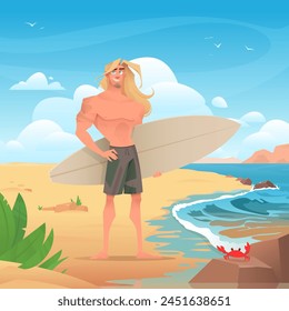 Long haired guy or man with surfboard on the golden sandy beach. Ocean and sky with clouds. Beautiful landscape. Red crab on a rock. Flat cartoon vector illustration