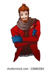 long haired hipster man with his arms crossed.Vector illustration
