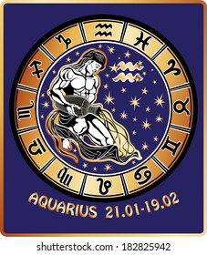 Long haired male Aquarius sits and pouring water out of a vase .He dressed in drapery. Behind him, range of horoscope signs of the zodiac ,the stars and the constellation of Aquarius.