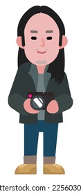 long haired male photographer cartoon with camera