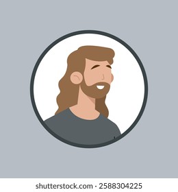 long haired man with beard in circle frame outline flat vector design.