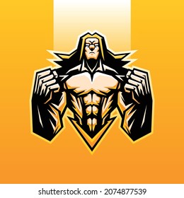 long haired muscular male mascot with futuristic style , this cool and fierce image is suitable for e-sport team logos or extreme sports like skateboard etc, can be used t-shirt or merchandise design