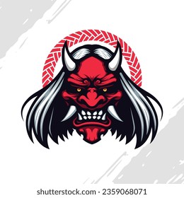 Long Haired Red Oni Japanese Devil Mask Mascot