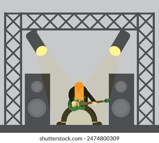 Long Haired Rock Guitarist on Stage Flat Style. Music and entertainment industry concept vector