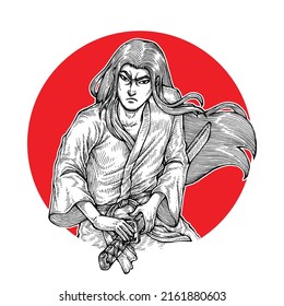 Long Haired Ronin Holding His Katana, Hand Drawn Illustation