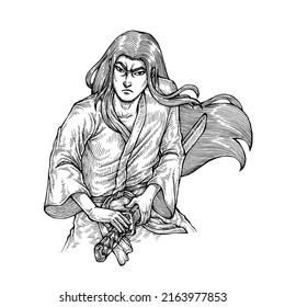 Long Haired Ronin Holding His Katana, Hand Drawn Illustation