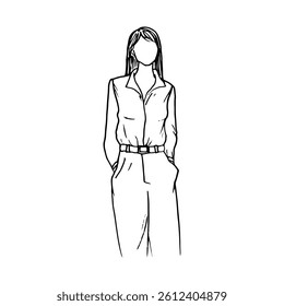 long haired straight-headed woman standing in shirt and trousers with hands in pockets standing in confident pose, faceless portrait - hand drawn line art illustration