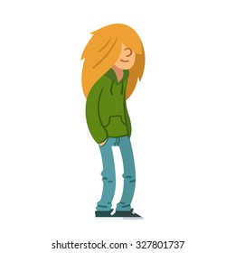 Long haired teenager with relaxed smile. Isolated vector illustration.