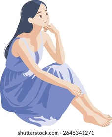 Long haired woman in blue dress sitting on the floor illustration isolated transparent background editable vector