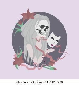 Long haired woman with face of death is holding a mask. Picture for your logo, icon or sign.
