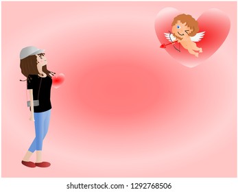 Long haired woman wearing a white hat standing, She stood holding the camera 
And looking up at the top, Which has Cupids holding the arrow to shoot the heart to her. Concept Valentines Day.