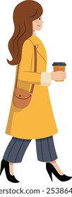 Long Haired Woman In Long Yellow Coat Holding Hot Coffee Paper Cup, Side View, Vector Illustration. A Woman Walking With A Cup Of Hot Coffee.