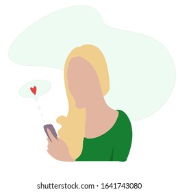 Long haired womana writes a SMS of love by  phone Concept of solitude and loneliness on internet. Colorful vector illustration in contemporary art style.