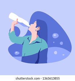 
Long haired women are drinking water from bottles for good skin and body health. In the side tilt Giving positive feelings in blue tones.flat design style vector graphic illustration.