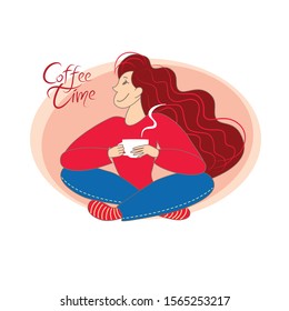 Long haired young girl, woman sitting and drinking coffee tea with handwritten lettering. Coffee break concept. Flat cartoon doodle style. Colorful bright vector illustration in contemporary art style