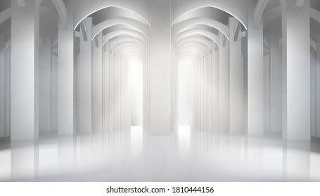Long hall in historic interior. Arcades in the old castle. Long hall in historic interior. Vector illustration.