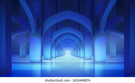A long hall in a historic interior with columns. Stage before the fashion show in the gallery. Fashion runway. Vector illustration.