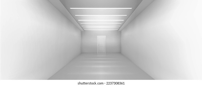 Long hall interior in hospital, office or house. Mockup of empty corridor with white walls, door and ceiling lamps in perspective view, vector realistic illustration