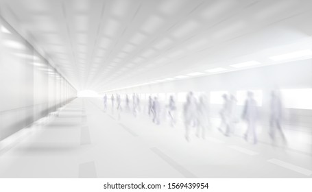 Long hall. People walking through the underground passage. Shopping gallery corridor. Vector illustration.