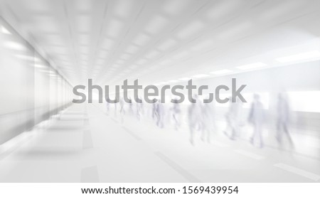 Long hall. People walking through the underground passage. Shopping gallery corridor. Vector illustration.