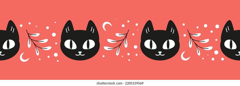 Long halloween endless pattern on orange background. Black cat, stars and branches cute kawaii pattern. Simple vector illustration.  Cartoon Halloween holiday print. Colorful doodle background.
