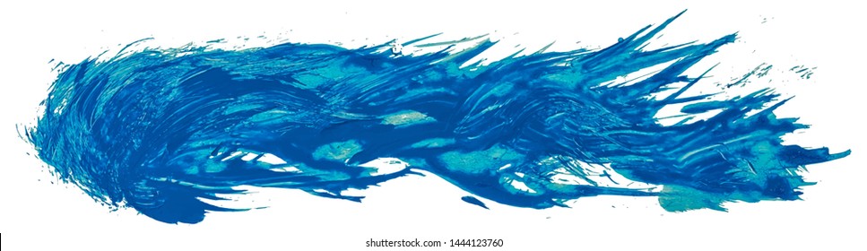Long hand drawn isolated paintbrush stripe with dirty blue color eps 10 vector illustration. Cluster of colors at the beginning and torn ends of the edges.