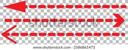  long hand drawn thin dash line arrows. Collection of curved pointers. Black dot vector pointers pointing in different directions. Simple design elements of signpost showing confusing complex path.