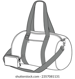 long handle duffle bag attached with small pouch flat sketch vector illustration technical cad drawing template