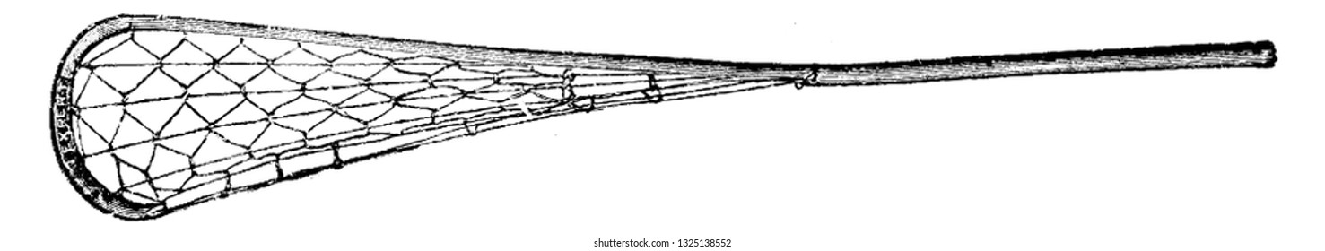 Una vara larga manejada utilizada para reproducir lacrosse con forma L de borde curvo o marco triangular en un extremo con un trozo de red en el ángulo, ilustración vintage. Accesorios para bicicletas - 1900