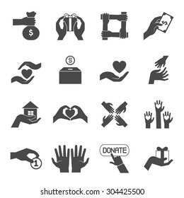 Long hands giving help love and support black icons set for charity  project abstract vector isolated illustration