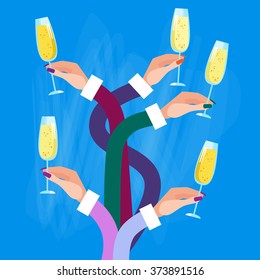 Long Hands Group Holding Glasses Champagne Wine Celebration Vector Illustration