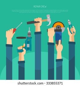 Long hands holding housework and repair tools flat vector illustration