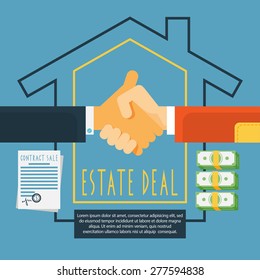 Long hands real estate deal achieving handshake concept pictogram with sale contract poster flat abstract vector illustration