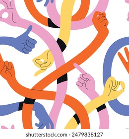 Long hands seamless pattern. Funny multicolor human arms, repeated curved intertwining limbs, different gestures, contemporary fabric print. Wrapping, wallpaper design tidy vector background