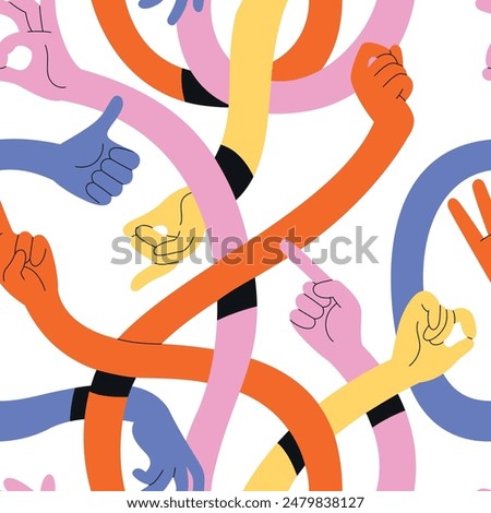 Long hands seamless pattern. Funny multicolor human arms, repeated curved intertwining limbs, different gestures, contemporary fabric print. Wrapping, wallpaper design tidy vector background