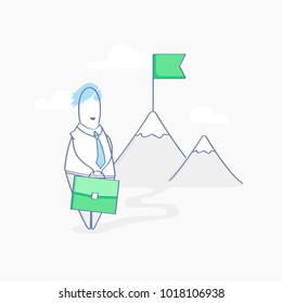 Long hard business way to Success. Cute Cartoon character, businessman standing with case near the mountains. In the distance on the mountain you can see the flag - his Purpose, Goal, Aim. Vector icon